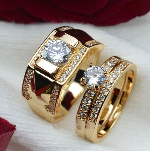 Wish hot selling 18k gold plated couple rings Cross-border European and American fashion inlaid zircon couple ring sets