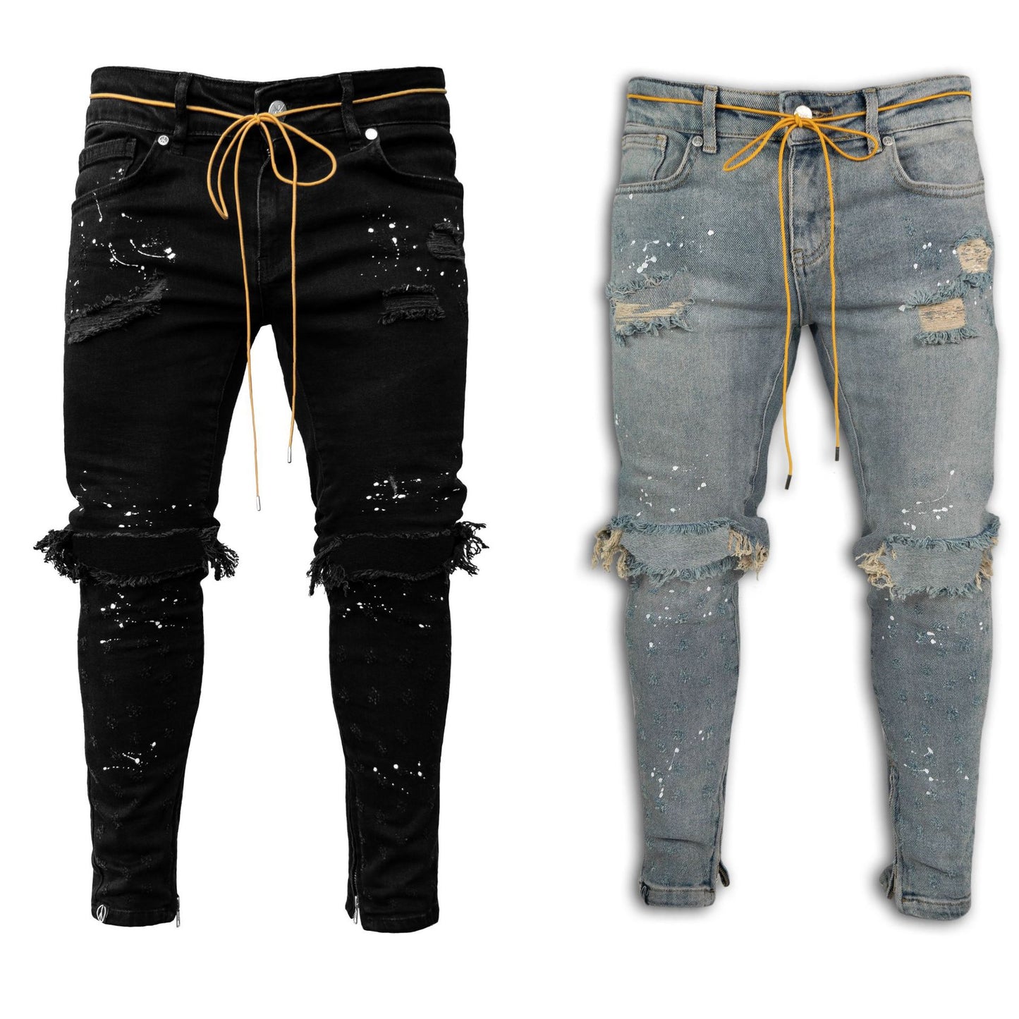 Wish European and American new men's slim fit ripped pants new men's paint jeans factory direct sales