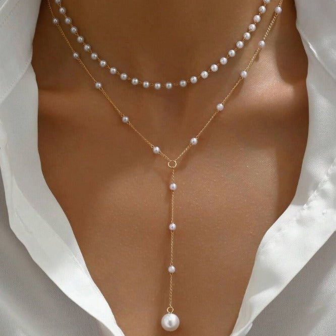 European and American cross-border jewelry Fashion new pearl necklace female personality Y-shaped pearl tassel stacking clavicle chain necklace