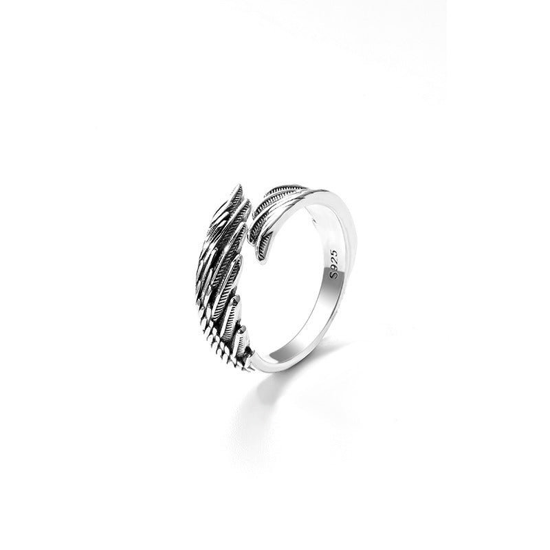 Cross-border retro sterling silver ring simple niche design versatile wing feather index finger ring couple same style ring trend