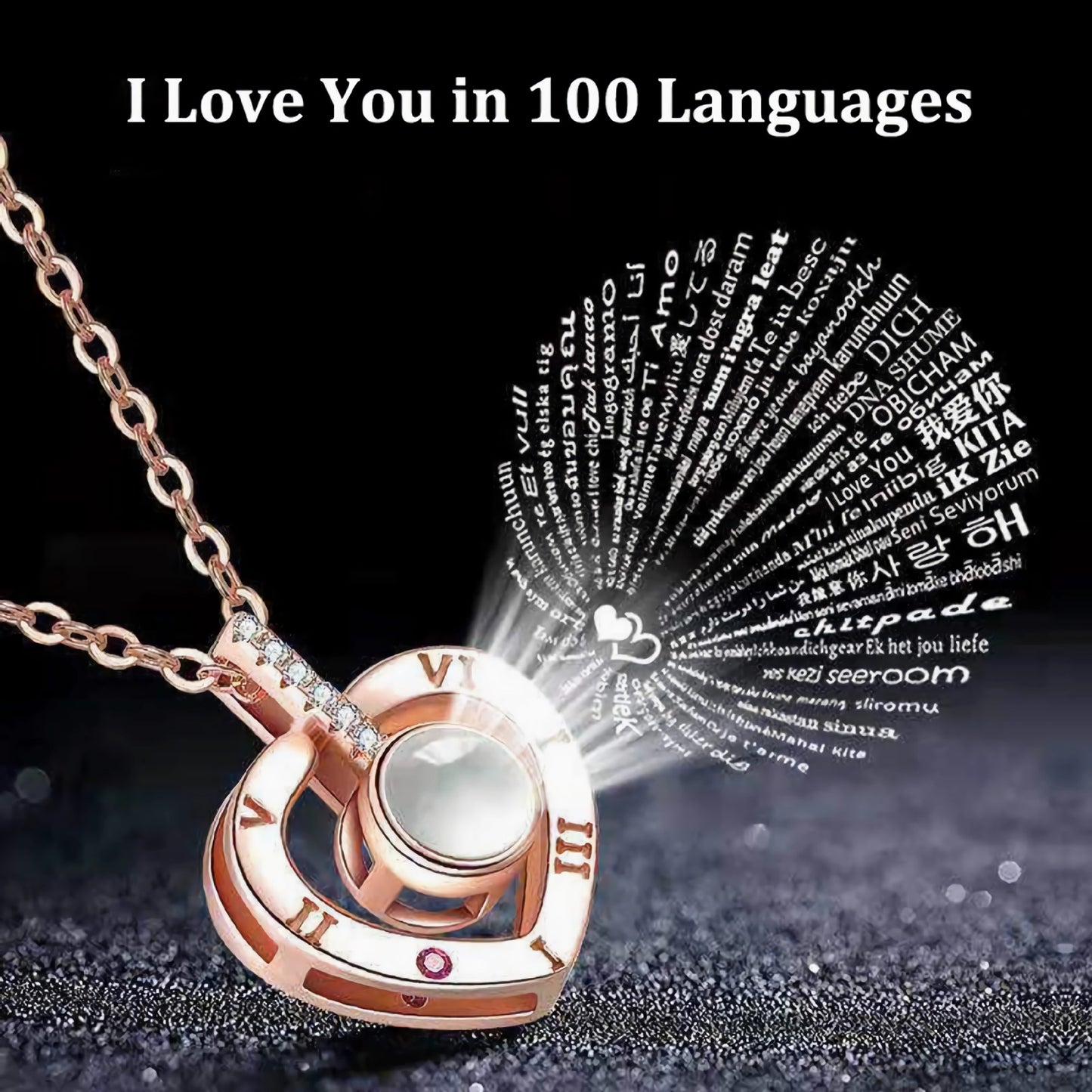 Cross-border Ozon hot-selling 100 kinds of I love you language necklace fashionable and non-fading high-end love heart-shaped pendant