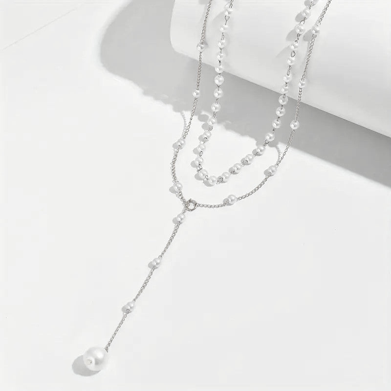 European and American cross-border jewelry Fashion new pearl necklace female personality Y-shaped pearl tassel stacking clavicle chain necklace