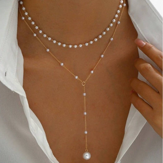 European and American cross-border jewelry Fashion new pearl necklace female personality Y-shaped pearl tassel stacking clavicle chain necklace