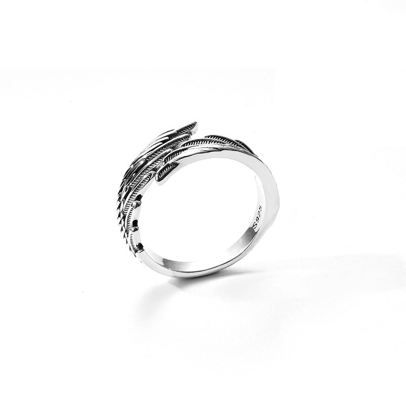 Cross-border retro sterling silver ring simple niche design versatile wing feather index finger ring couple same style ring trend