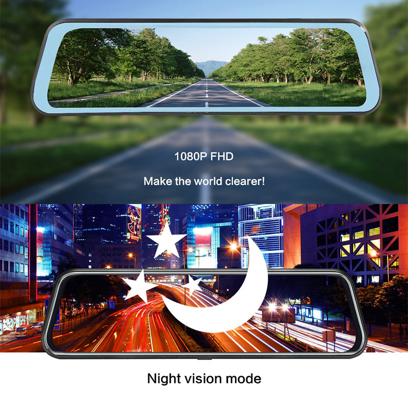Streaming media driving recorder HD rearview mirror dual-lens full-screen touch car 10-inch dash cam