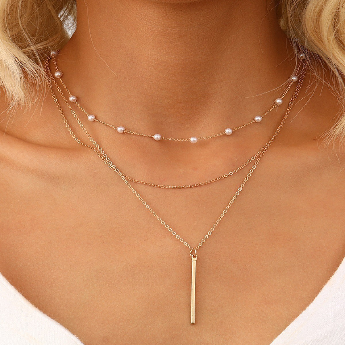 European and American cross-border jewelry Fashion new pearl necklace female personality Y-shaped pearl tassel stacking clavicle chain necklace