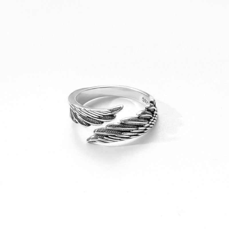 Cross-border retro sterling silver ring simple niche design versatile wing feather index finger ring couple same style ring trend
