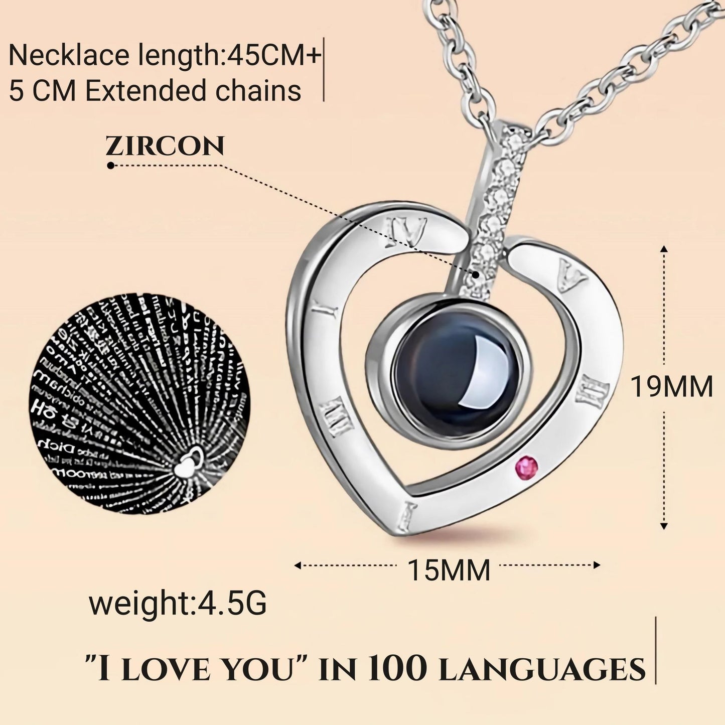 Cross-border Ozon hot-selling 100 kinds of I love you language necklace fashionable and non-fading high-end love heart-shaped pendant