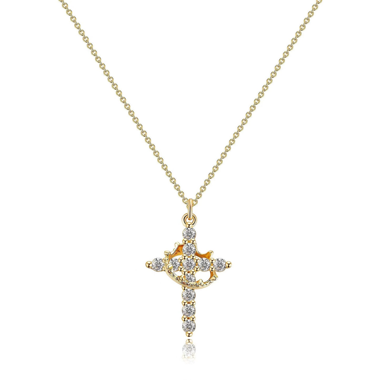 European and American cross-border 18K gold-plated rotatable crown necklace with zircon simple cross pendant plus size