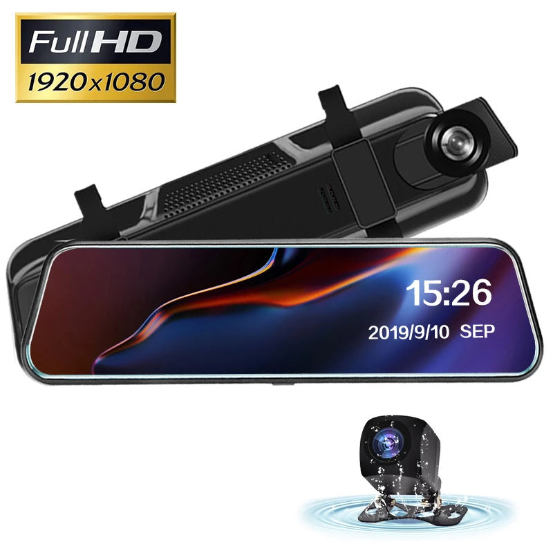 Streaming media driving recorder HD rearview mirror dual-lens full-screen touch car 10-inch dash cam